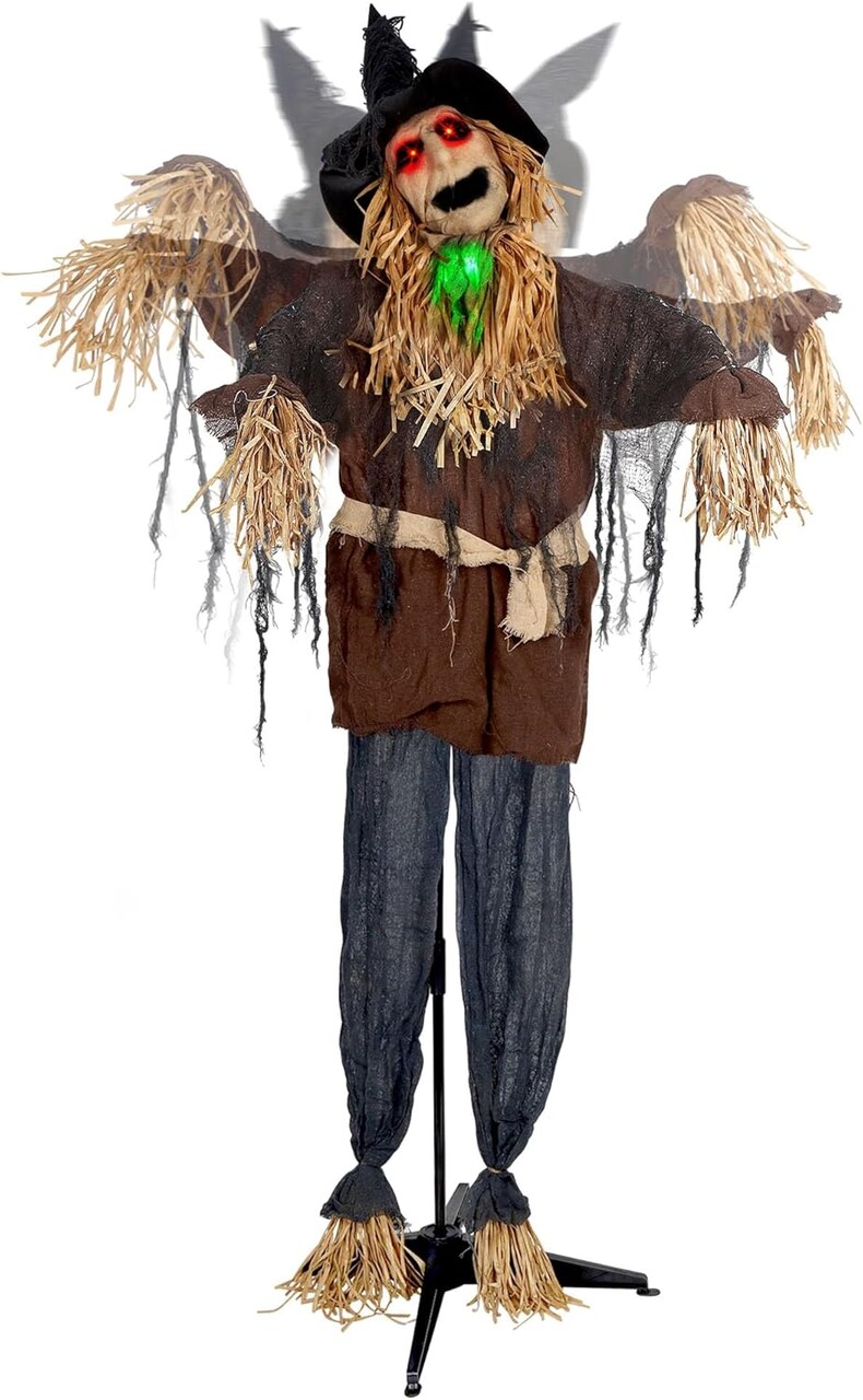 6FT Halloween Standing Scarecrow, Life-Size Animated Ghost Decor with Light-up Eyes, Spooky Sound, Moving Arms & Head, Sound Activated Haunted House Props for Halloween Party Decorations